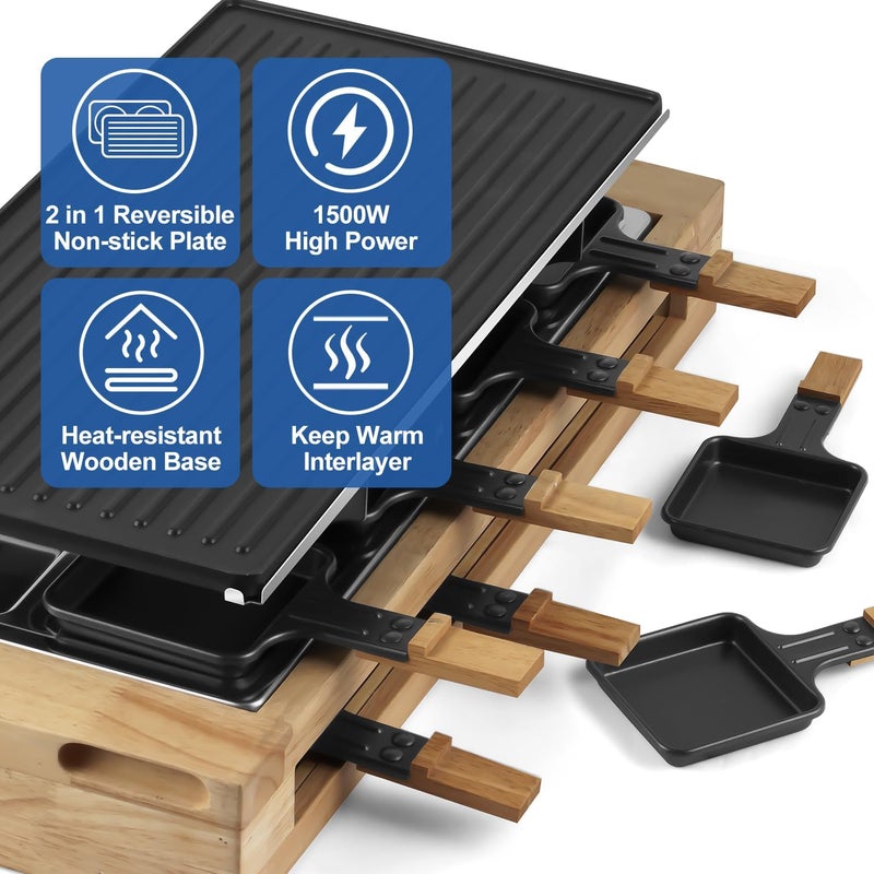 CUSIMAX شواية داخلية، شواية طاولة راكليت، شواية كهربائية 1500 واط للشواء الكوري مع لوحة غير لاصقة قابلة للعكس / قاعدة خشبية، شواية حفلات مع 8 صواني وملاعق خشبية، نموذج جديد - Image 4